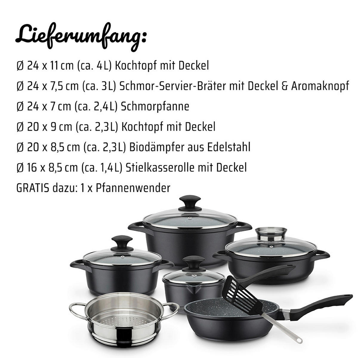 KOCHTOPFSET GOURMET GRANIT 5-teilig  - Schwarz, Basics, Metall - GSW