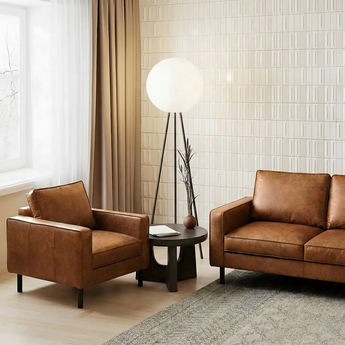 SESSEL in Lederlook Echtleder Hellbraun  - Hellbraun/Schwarz, Design, Leder/Textil (88/85/92cm) - Livetastic