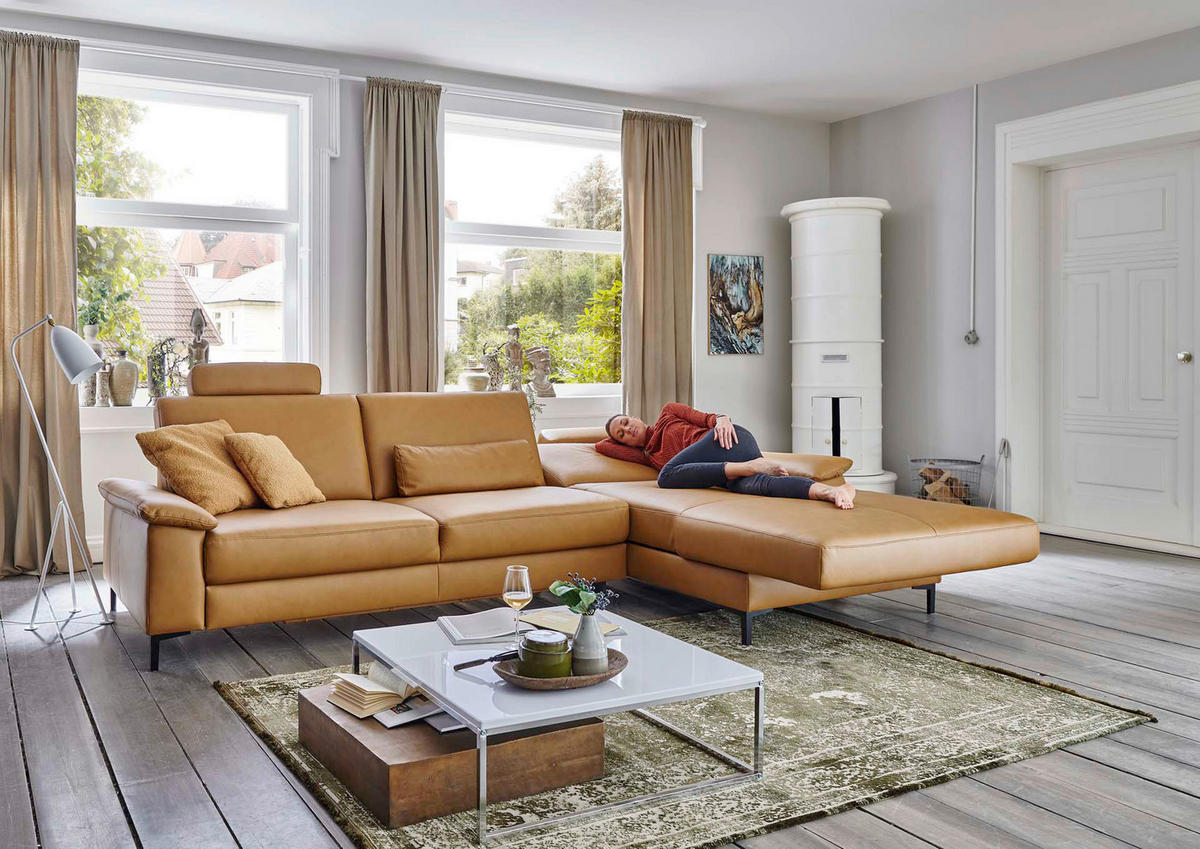 ECKSOFA in Echtleder Currygelb  334/175 cm  - Currygelb/Schwarz, Design, Leder/Metall (334/175cm) - Dieter Knoll