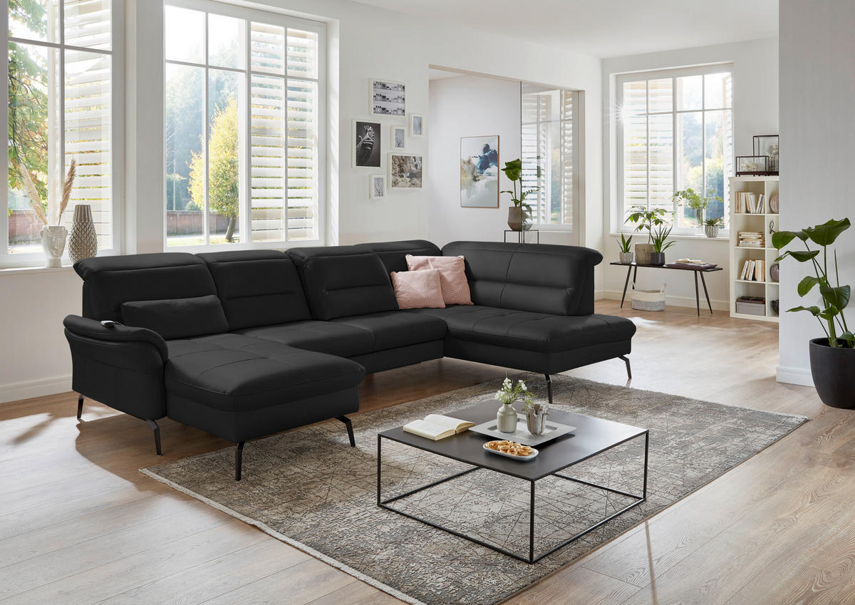 WOHNLANDSCHAFT Echtleder Schwarz  - Schwarz, Design, Leder/Metall (181/336/206cm) - Beldomo Speed