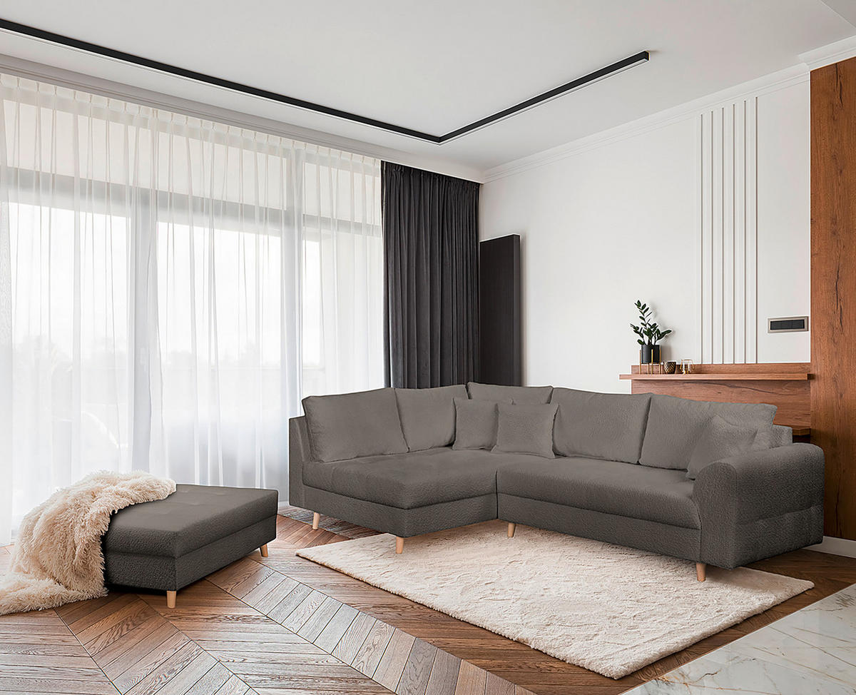 ECKSOFA inkl. Hocker Ariella in Bouclé Dunkelgrau  161/231 cm  - Dunkelgrau/Naturfarben, Design, Holz/Textil (161/231cm) - Livetastic