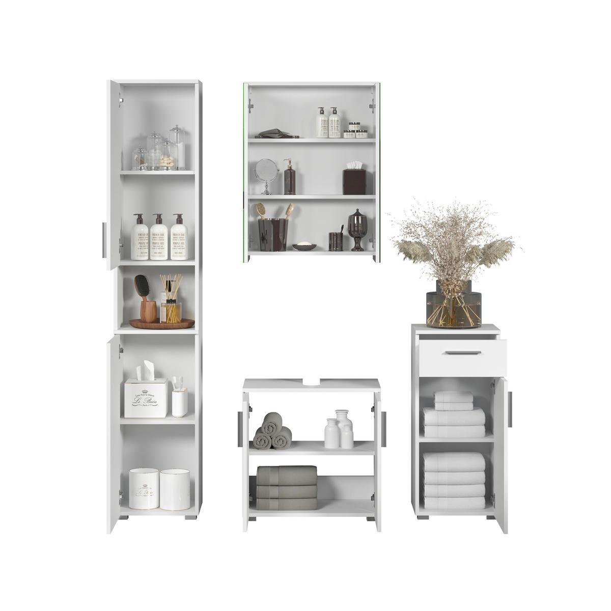 BADEZIMMER 4-teilig  in 164 cm  - Weiß Hochglanz/Silberfarben, Trend, Glas/Holzwerkstoff (164cm) - MID.YOU