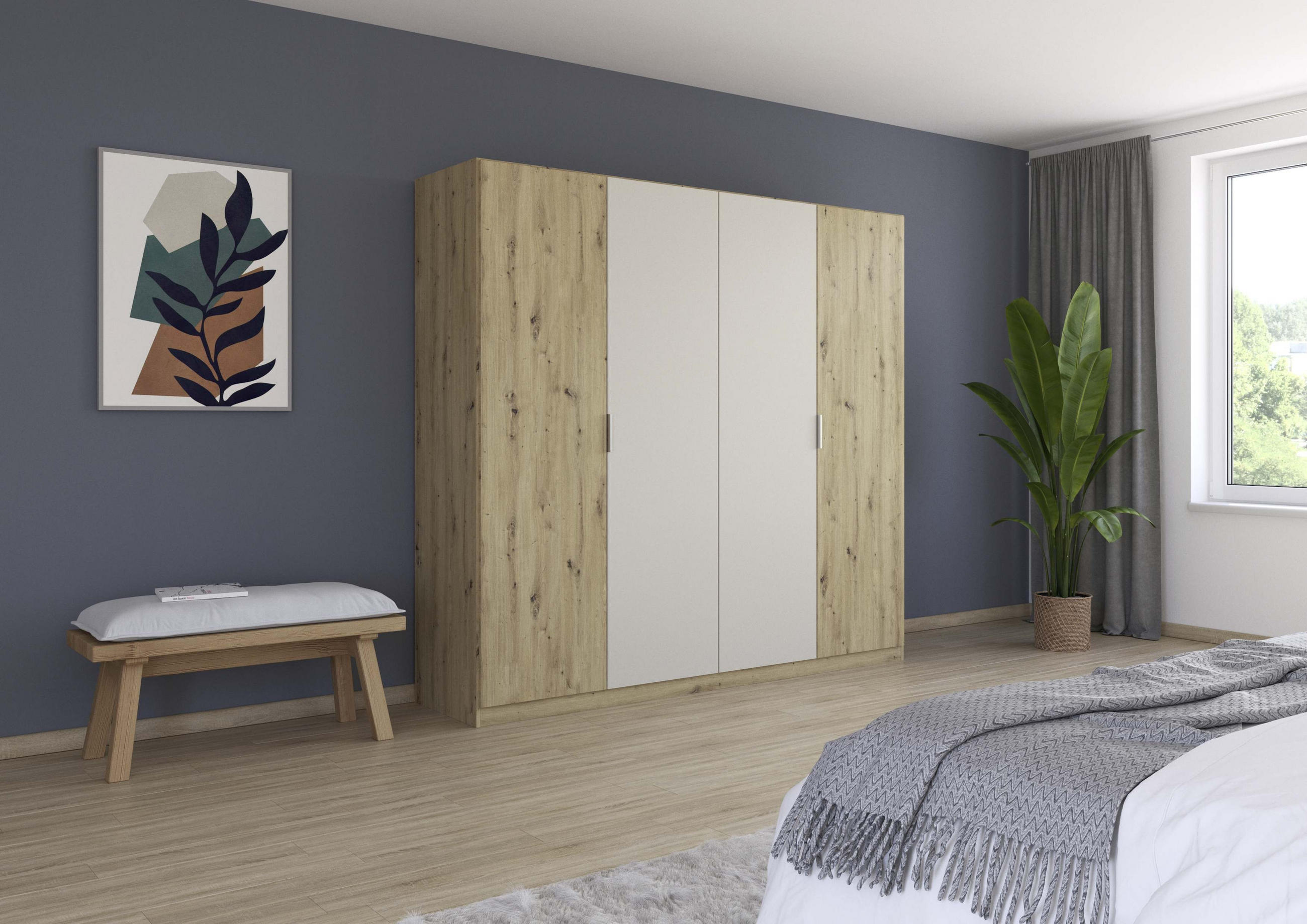 Thumbnail - Rauch Möbel Drehtürenschrank, Champagner, Eiche Artisan, Holzwerkstoff, 2 Fächer, 226x210x54 cm, Blauer Engel, Goldenes ...