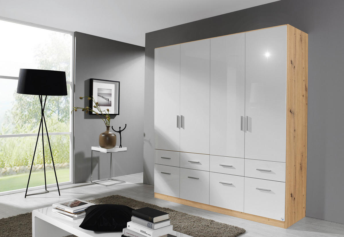 DREHTÜRENSCHRANK  in Eiche Artisan, Weiß Hochglanz  - Chromfarben/Weiß Hochglanz, MODERN, Holzwerkstoff/Kunststoff (181/197/54cm) - Rauch Möbel