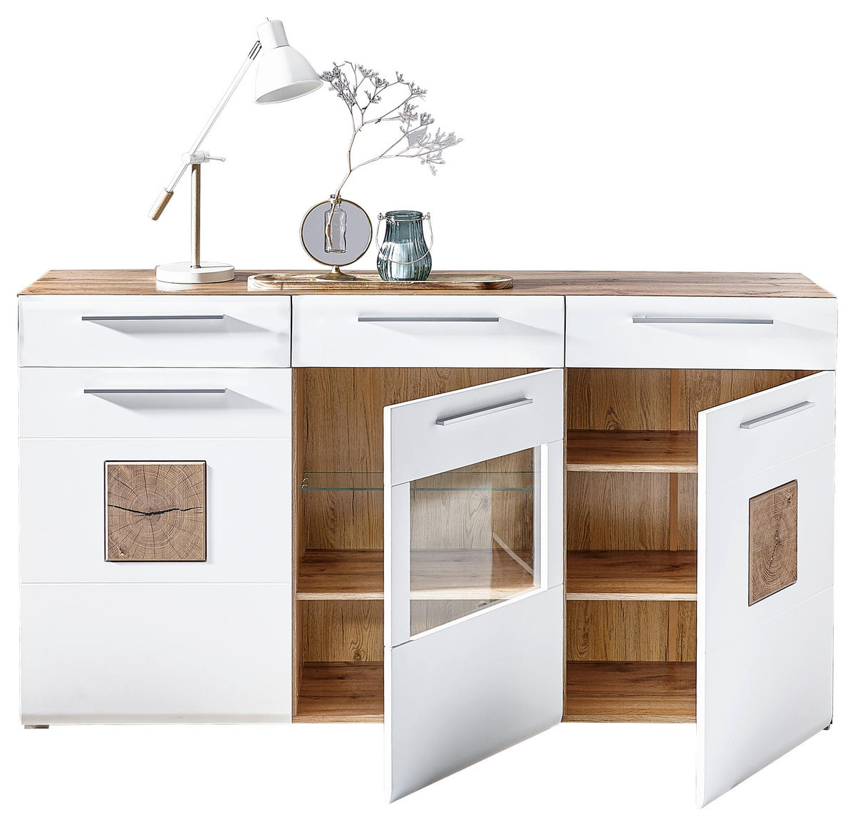 KOMODA S VRATIMA - boja hroma/boja hrasta, Konvencionalno, staklo/drvo (180/98/43cm) - Hom`in