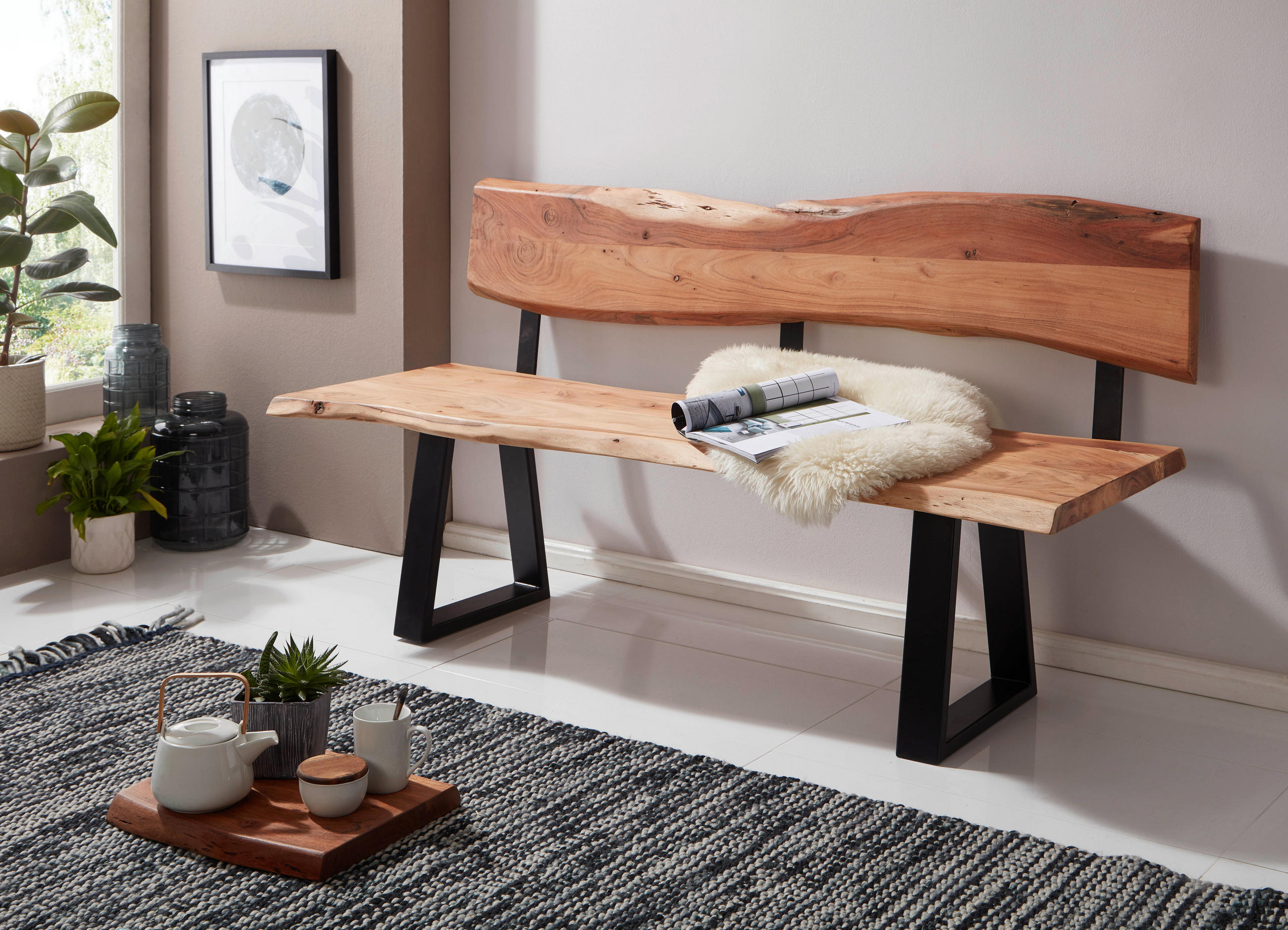 SITZBANK 180/86/60 cm Akaziefarben Akazie massiv Metall  - Schwarz/Akaziefarben, Design, Holz/Metall (180/86/60cm) - MID.YOU