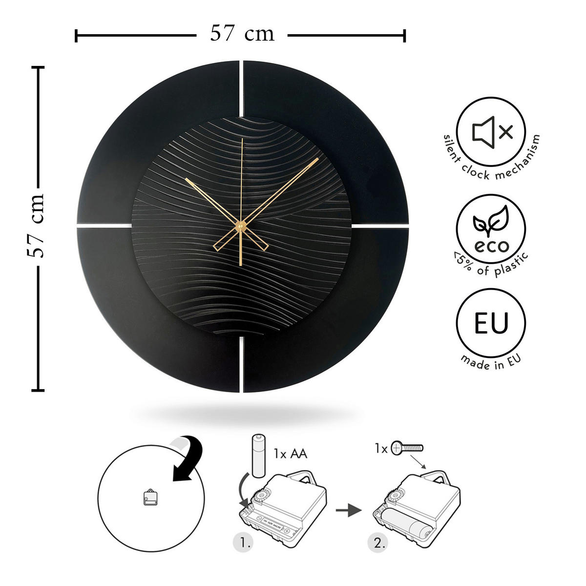 WANDUHR - Schwarz, Goldfarben  - Goldfarben/Schwarz, Basics, Holz/Kunststoff (57cm)