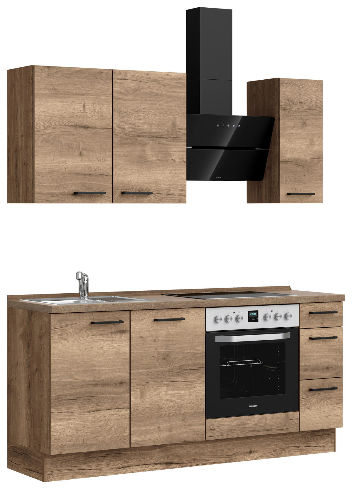 BUCĂTĂRIE FĂRĂ ELECTROCASNICE  - stejar închis la culoare/negru, Modern, metal/material pe bază de lemn (180cm) - Nobilia