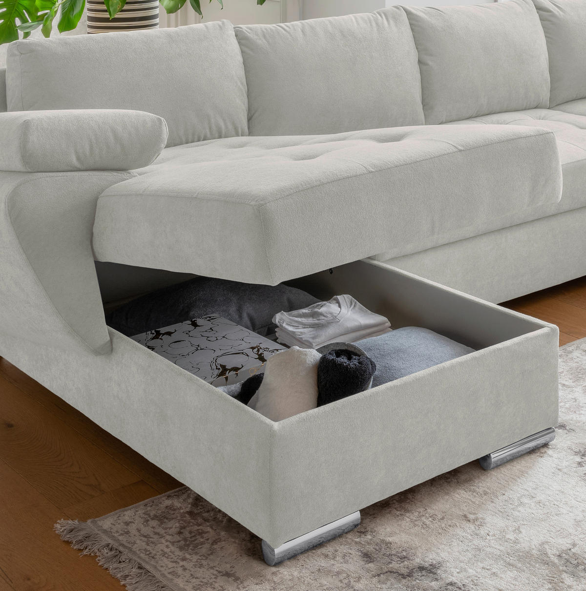 WOHNLANDSCHAFT in Mikrofaser Beige  - Chromfarben/Beige, KONVENTIONELL, Textil/Metall (157/305/219cm) - Livetastic