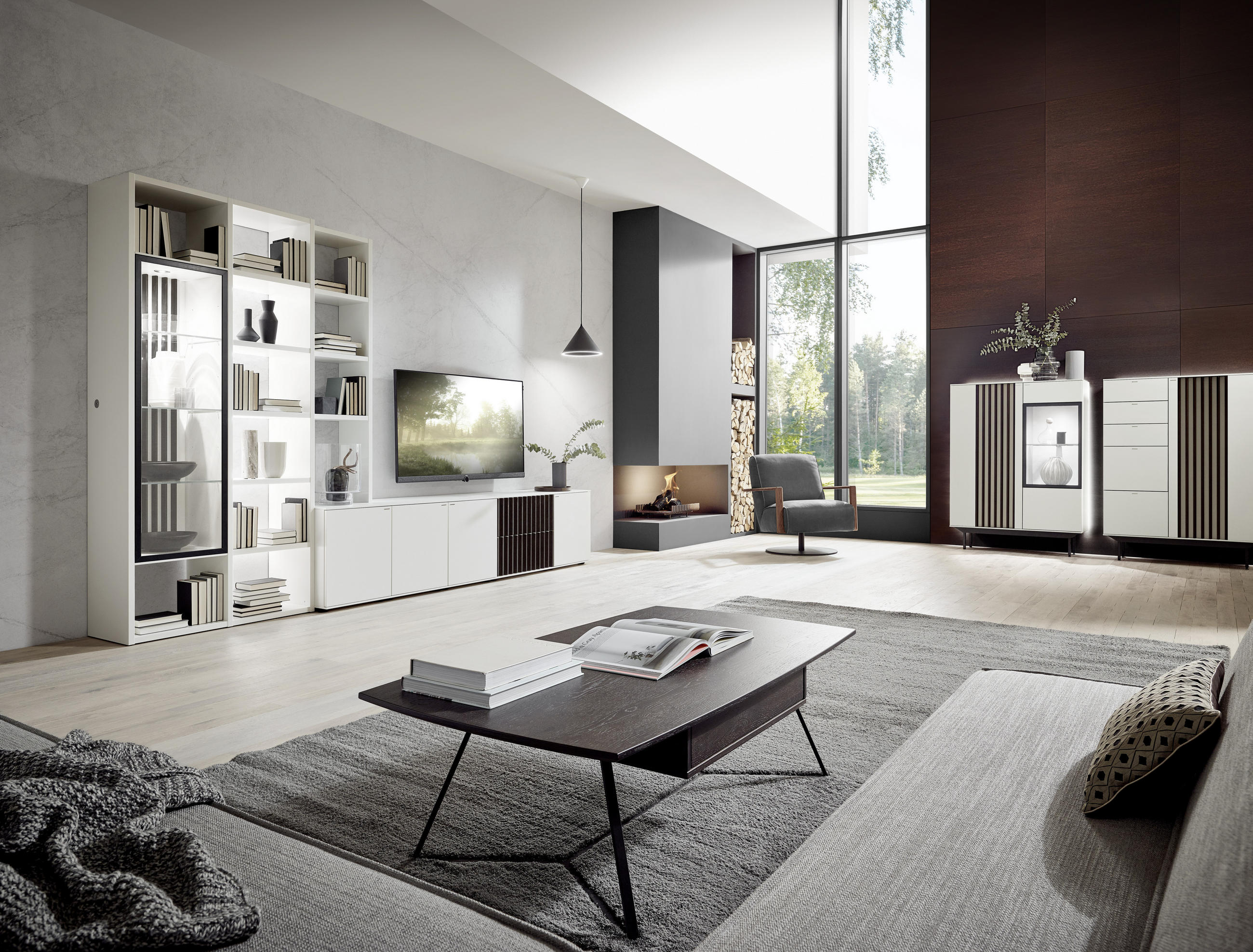 WOHNWAND furniert Weiß, Mooreichefarben - Mooreichefarben/Schwarz, Design, Glas/Holzwerkstoff (339/215/47cm) - Ambiente