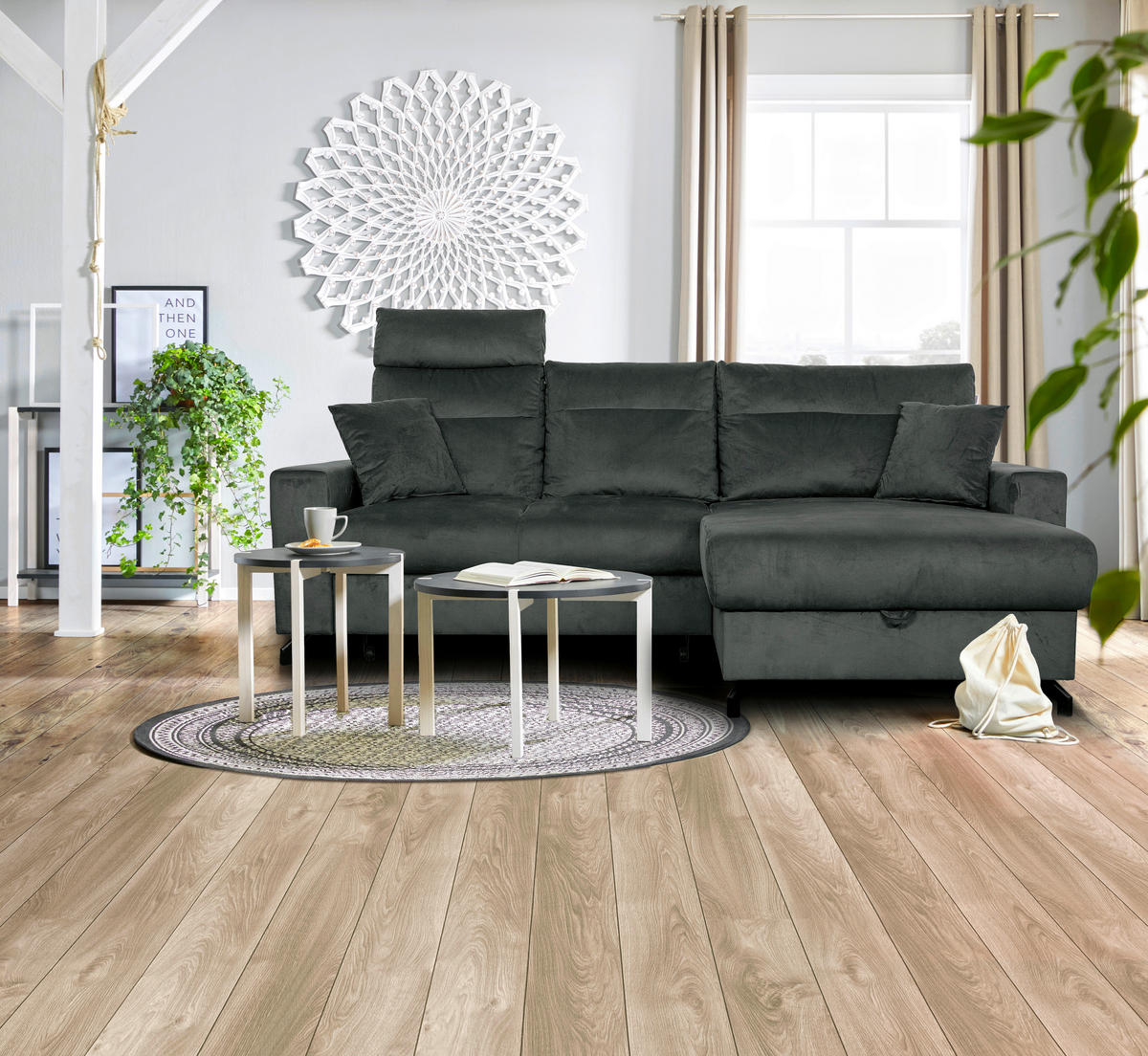 ECKSOFA in Velours Grau  - Schwarz/Grau, Design, Kunststoff/Textil (232/156cm) - Livetastic