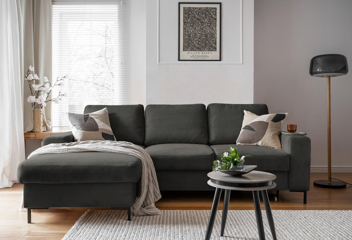 ECKSOFA Grau Cord  - Schwarz/Grau, MODERN, Textil/Metall (148/236cm) - MID.YOU