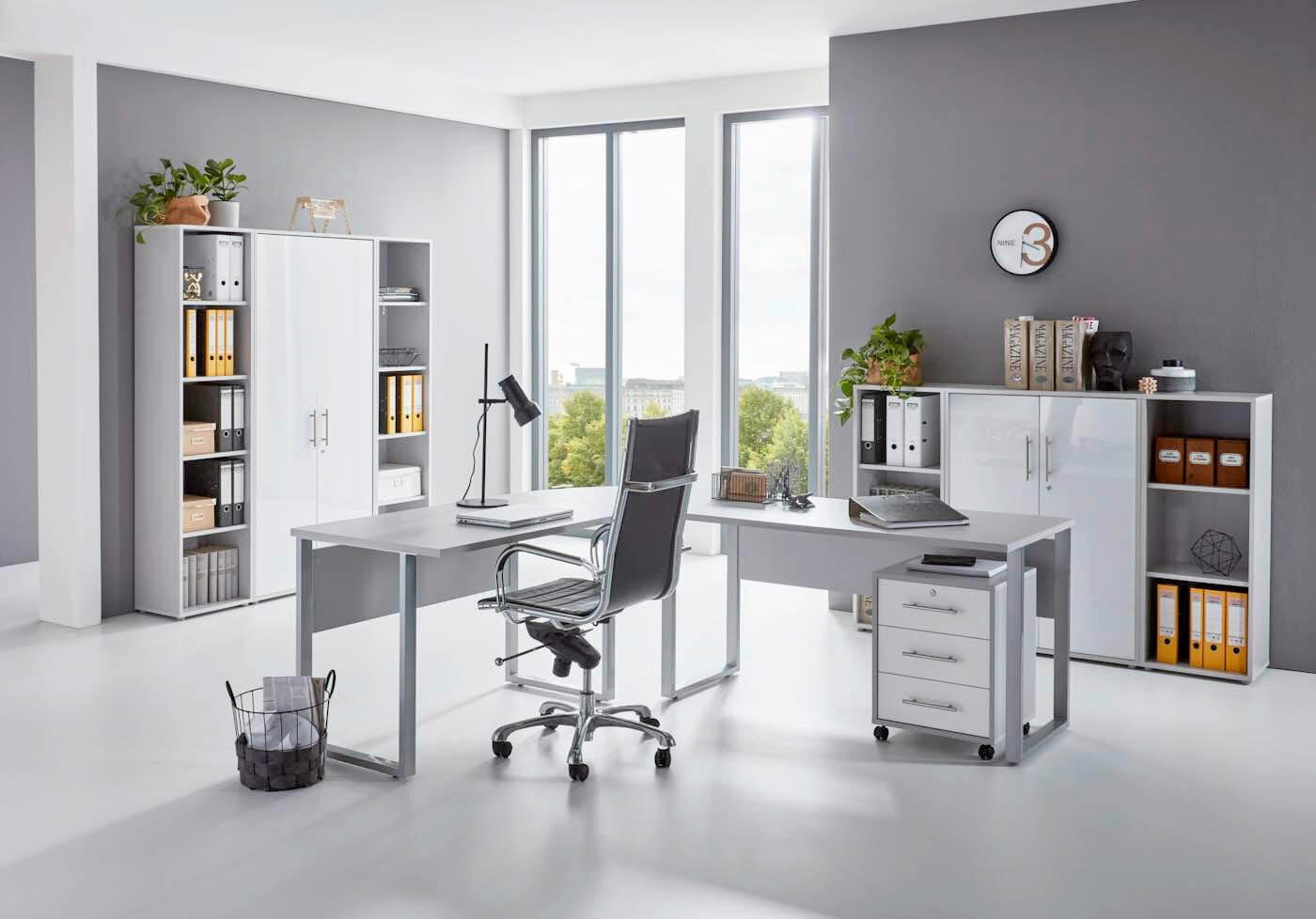 BÜRO erweiterbar, in verschiedenen Holz-Dekoren erhältlich, Schreibtisch seitenverkehrt montierbar, abschließbar Weiß Hochglanz, Grau - Weiß Hochglanz/Grau, MODERN, Holzwerkstoff - MID.YOU