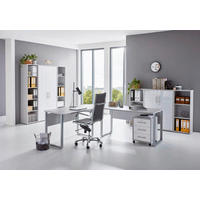 BÜRO erweiterbar, in verschiedenen Holz-Dekoren erhältlich, Schreibtisch seitenverkehrt montierbar, abschließbar Grau, Weiß Hochglanz - Weiß Hochglanz/Grau, MODERN, Holzwerkstoff - MID.YOU