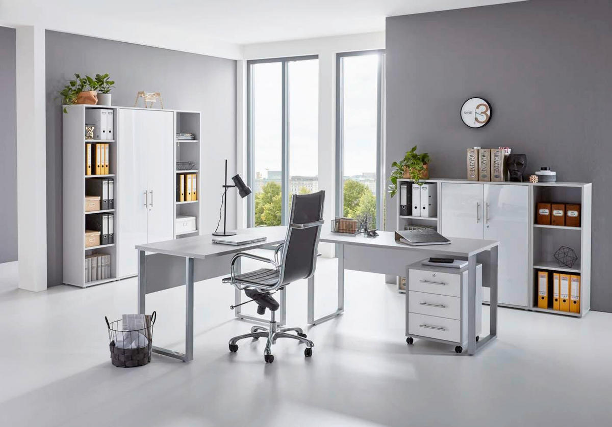 BÜRO erweiterbar, in verschiedenen Holz-Dekoren erhältlich, Schreibtisch seitenverkehrt montierbar, abschließbar Grau, Weiß Hochglanz - Weiß Hochglanz/Grau, MODERN, Holzwerkstoff - MID.YOU