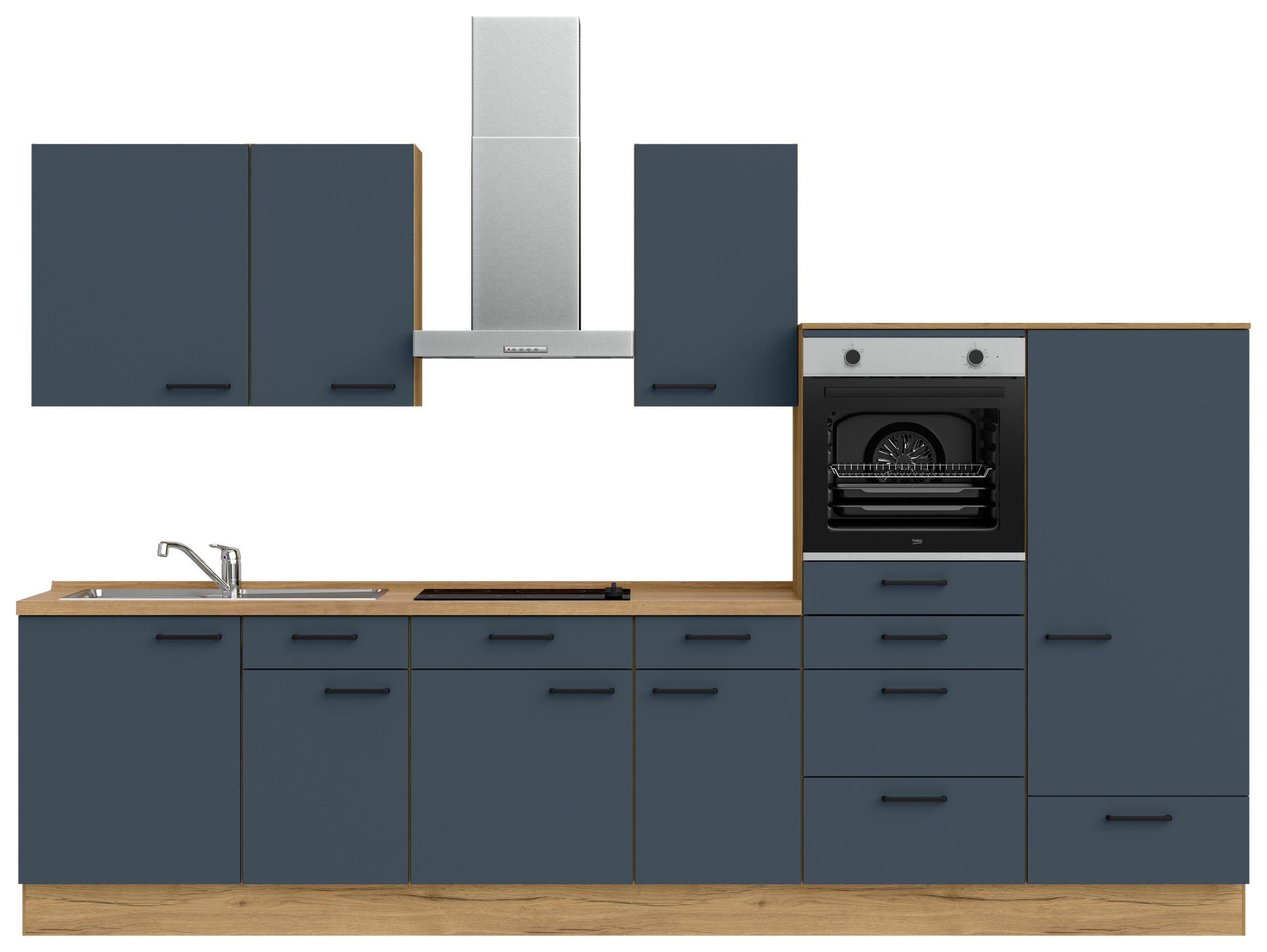 KÜCHENBLOCK 330 cm   in Eichefarben, Dunkelblau  - Eichefarben/Schwarz, MODERN, Holzwerkstoff/Metall (330cm) - Nobilia