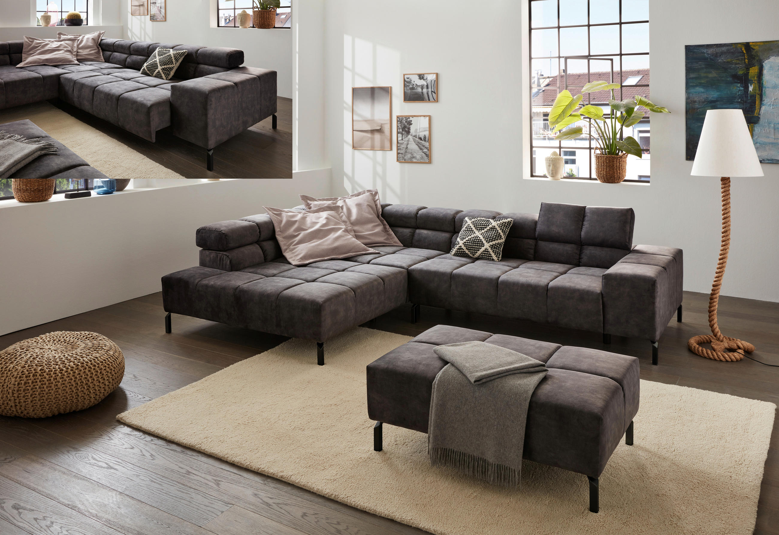 ECKSOFA Dunkelgrau Velours - Dunkelgrau/Schwarz, Design, Textil/Metall (216/321cm) - Hom`in