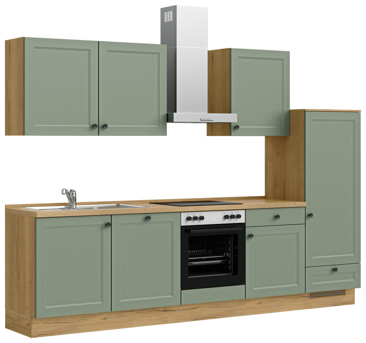 BUCĂTĂRIE FĂRĂ ELECTROCASNICE  - verde/culoare lemn stejar, Modern, metal/material pe bază de lemn (300cm) - Nobilia
