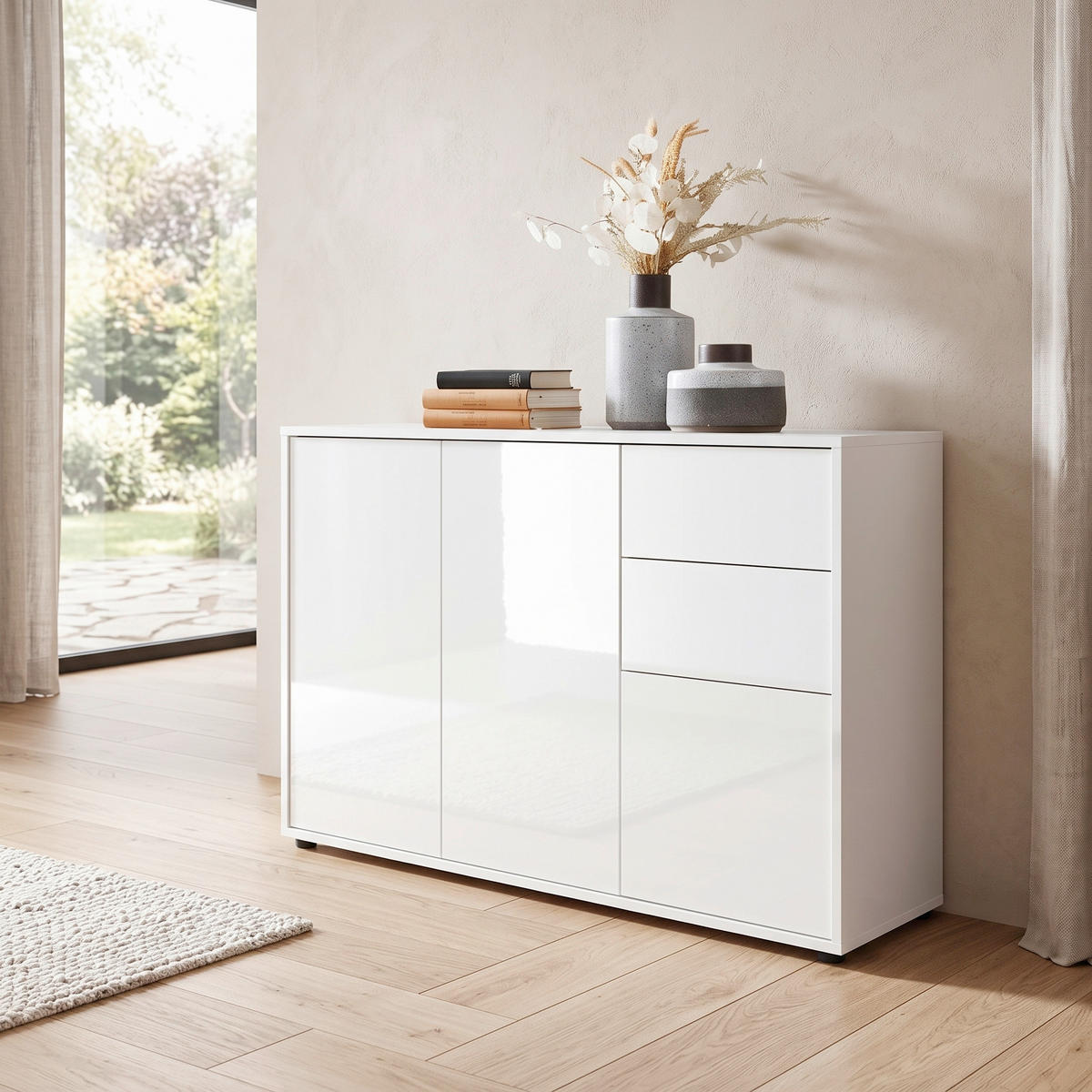 KOMODA, biela, biela s vysokým leskom, 105,5/73/33 cm - čierna/biela, Modern, kompozitné drevo/plast (105,5/73/33cm) - MID.YOU