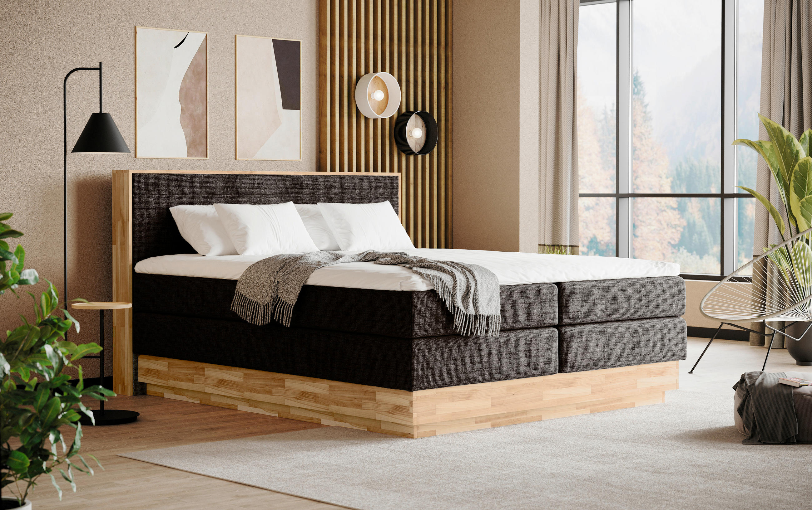 BOXSPRINGBETT 200/200 cm,  in Braun, Eichefarben, Matratze, gepolstertes Kopfteil, Bettkasten, Topper, H2 + H2 = mittel  - Eichefarben/Schwarz, MODERN, Holz/Kunststoff (200/200cm) - Livetastic