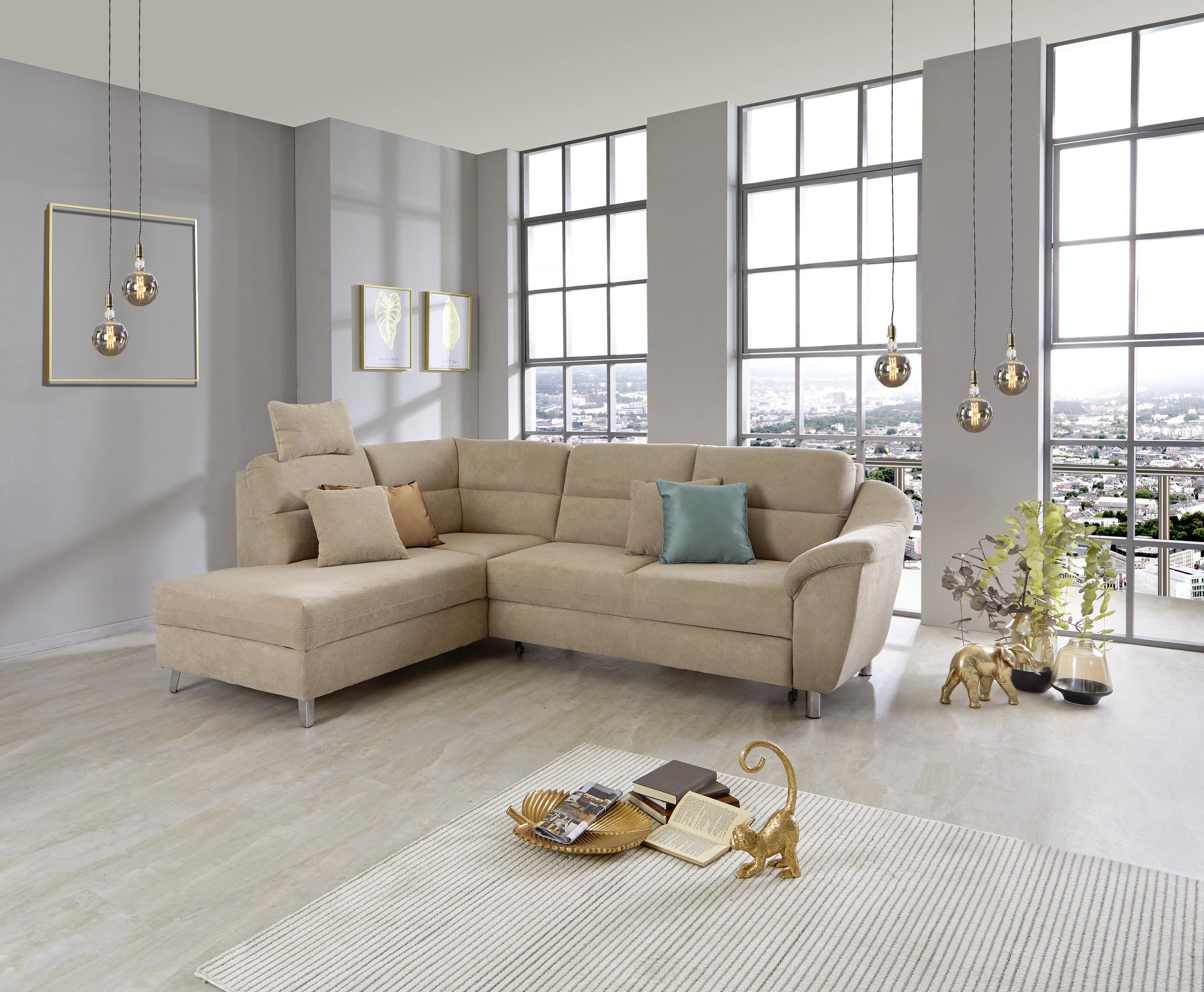 ECKSOFA in Velours Beige  - Beige/Silberfarben, Konventionell, Textil/Metall (197/248cm) - Livetastic