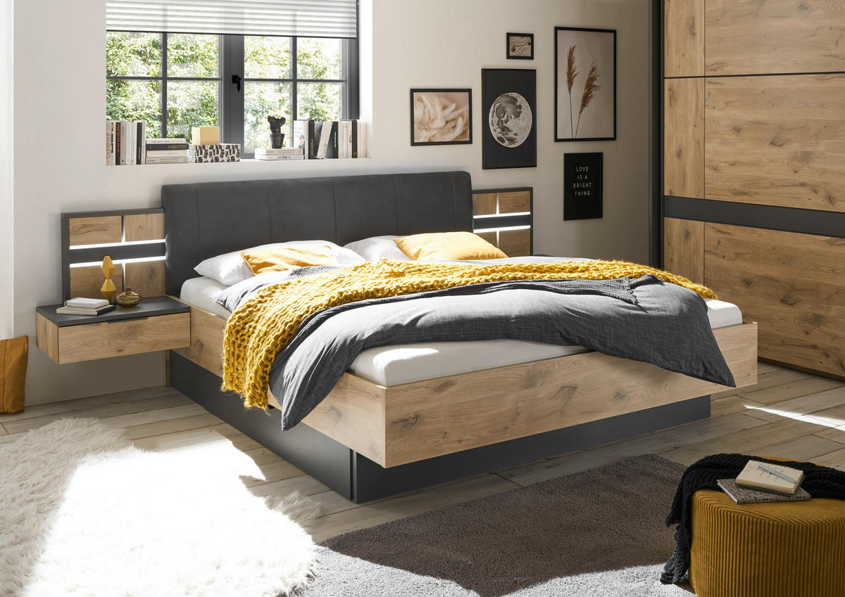 BETTANLAGE 180/200 cm  in Graphitfarben, Eichefarben   - Eichefarben/Graphitfarben, Konventionell, Holzwerkstoff/Textil (180/200cm) - Ti'me