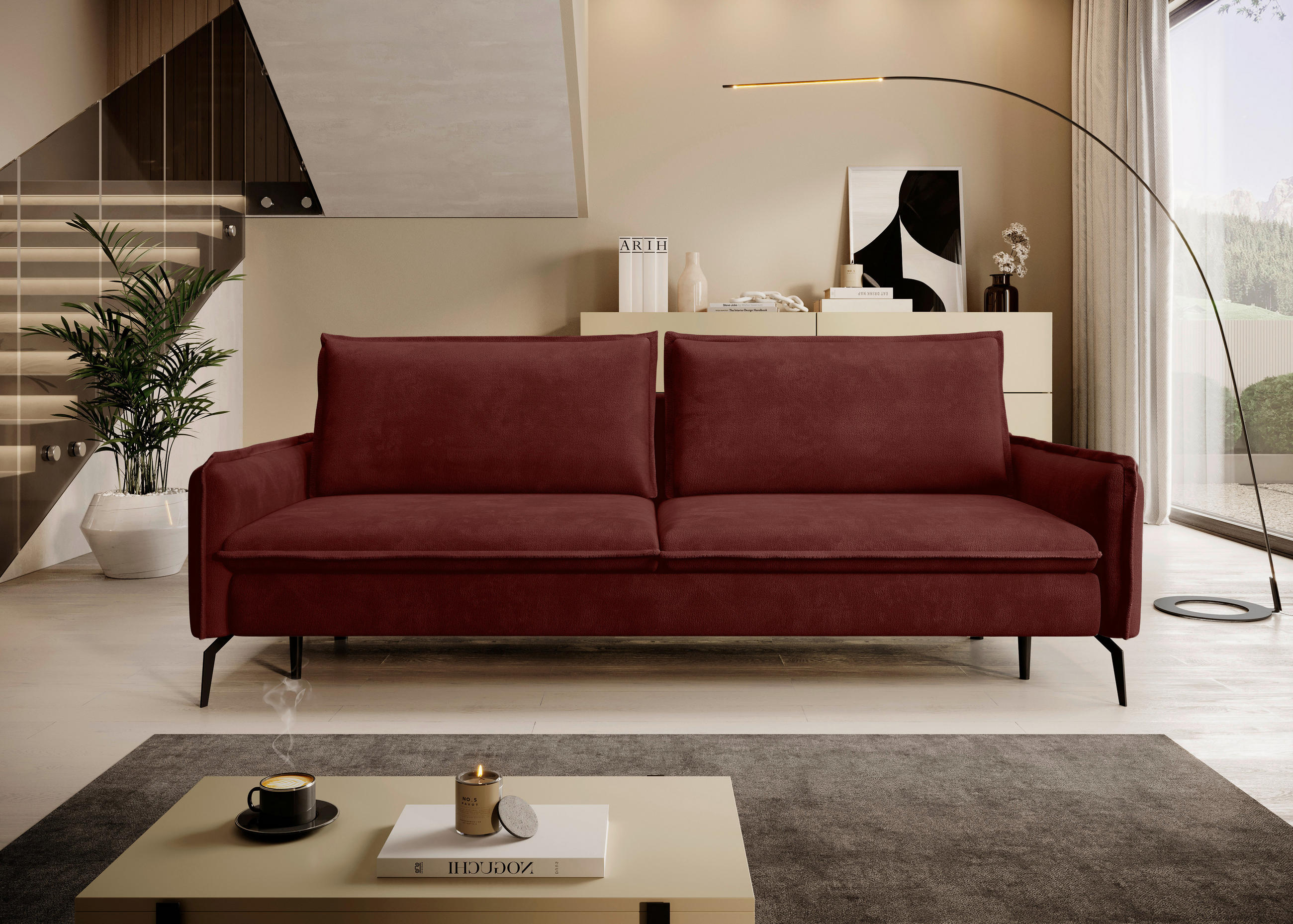 SCHLAFSOFA Chenille Rot  - Rot/Schwarz, KONVENTIONELL, Textil/Metall (223/89/107cm) - Carryhome