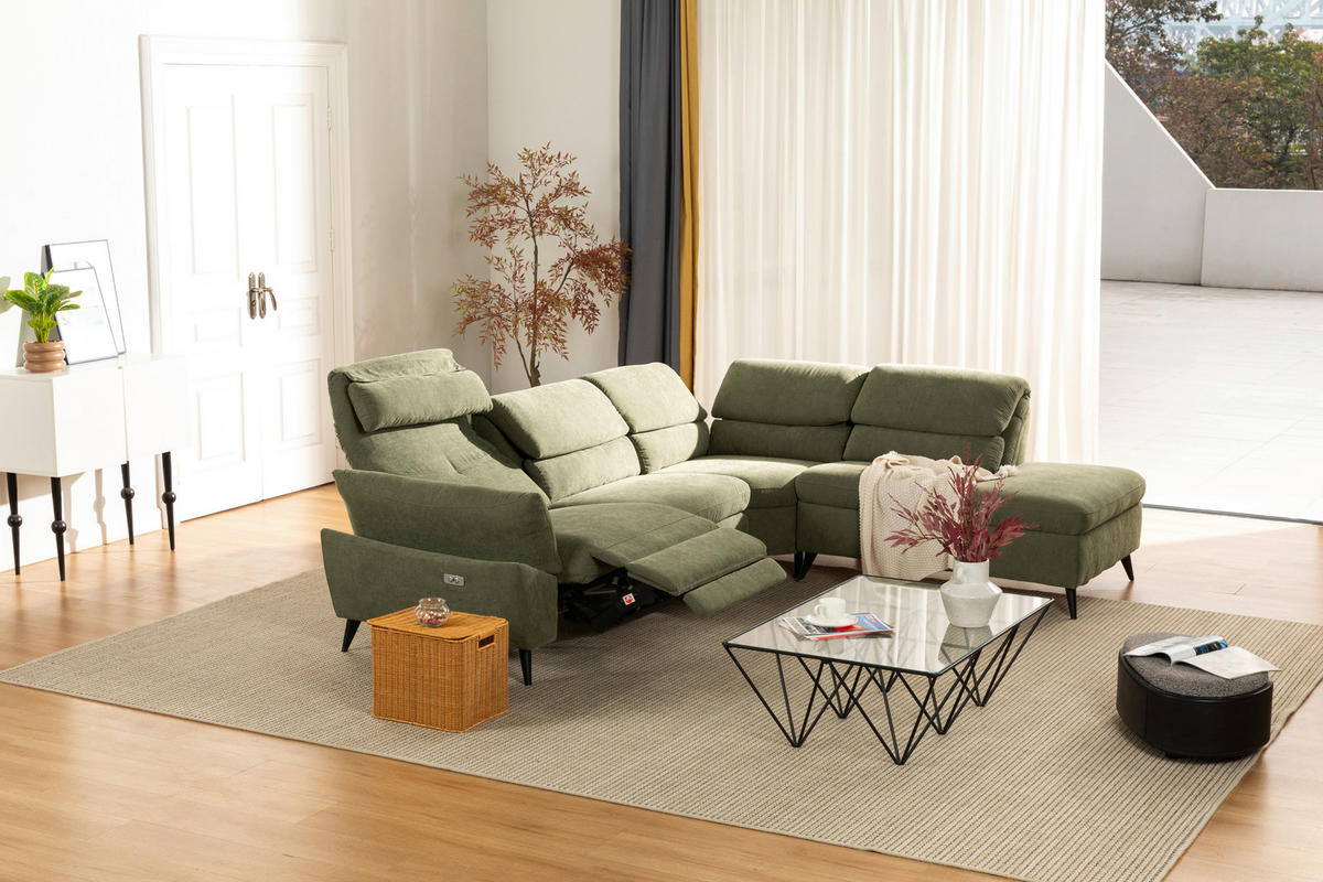 ECKSOFA Grün Leinenoptik  - Schwarz/Grün, Design, Textil/Metall (281/227cm) - Livetastic