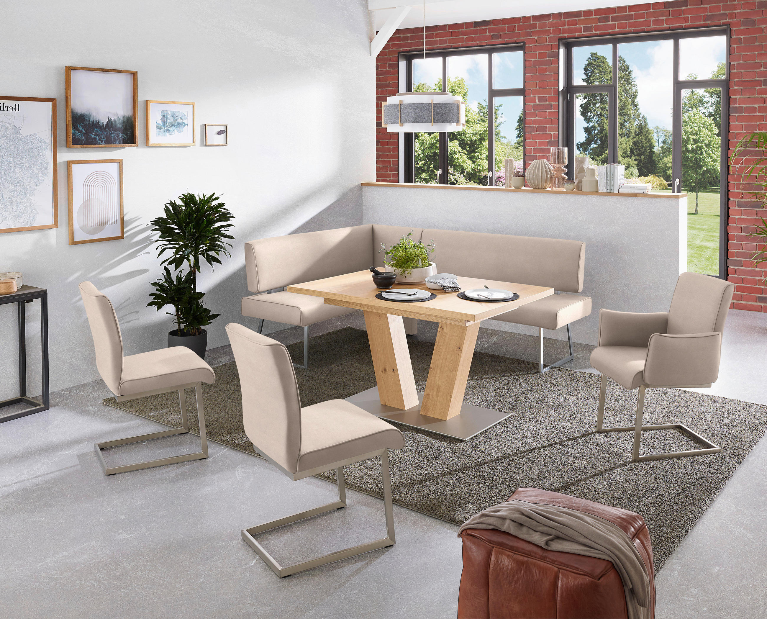 ECKBANK in Metall, Textil Edelstahlfarben, Greige  - Edelstahlfarben/Greige, Design, Textil/Metall (137/219cm) - Dieter Knoll