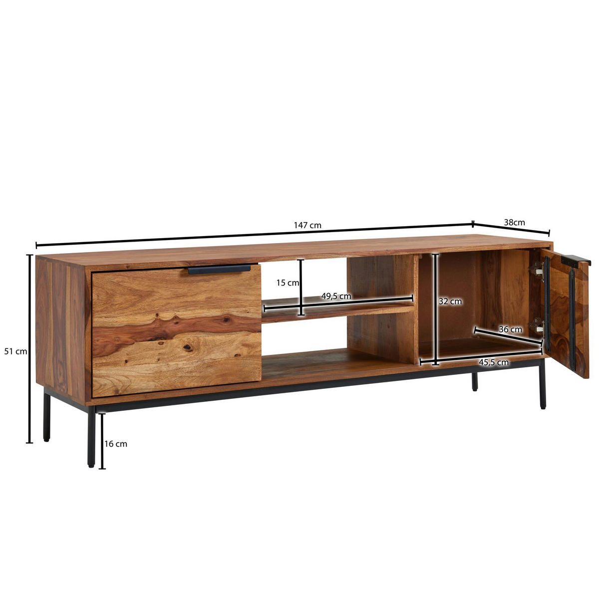 SIDEBOARD 147/51/38 cm  - Sheeshamfarben/Schwarz, Design, Holz/Metall (147/51/38cm) - MID.YOU