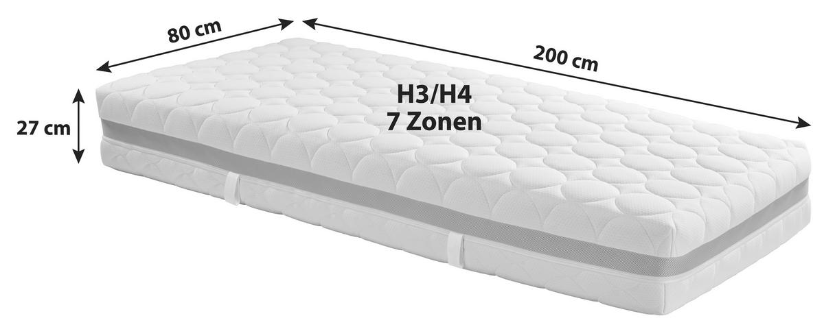 Komfortschaummatratze 80/200 cm, Höhe ca.: 27 cm, H3 + H4 = fest + sehr fest, 7-Zonen - Weiß, Textil (80/200cm) - Primatex Deluxe