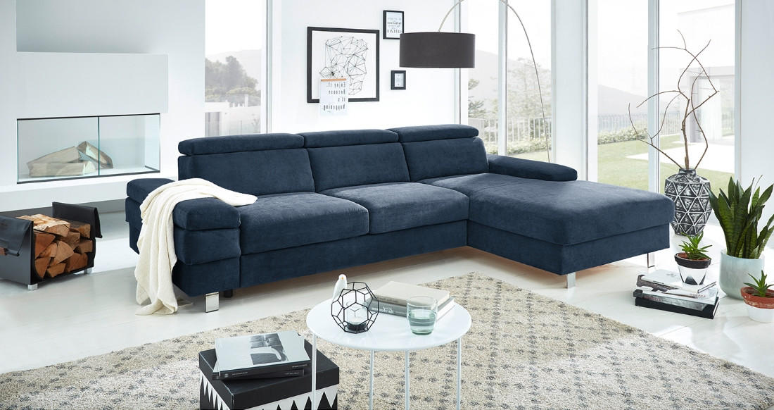 ECKSOFA in Webstoff Dunkelblau - Silberfarben/Dunkelblau, Konventionell, Textil/Metall (182/82/260cm) - Trendmanufaktur