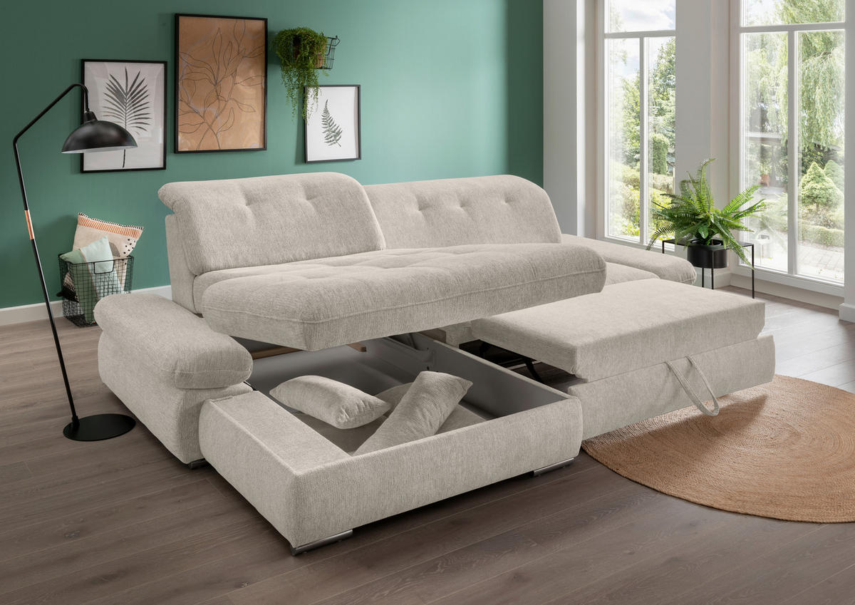ECKSOFA in Chenille Beige  - Chromfarben/Beige, Design, Textil/Metall (196/300cm) - Livetastic