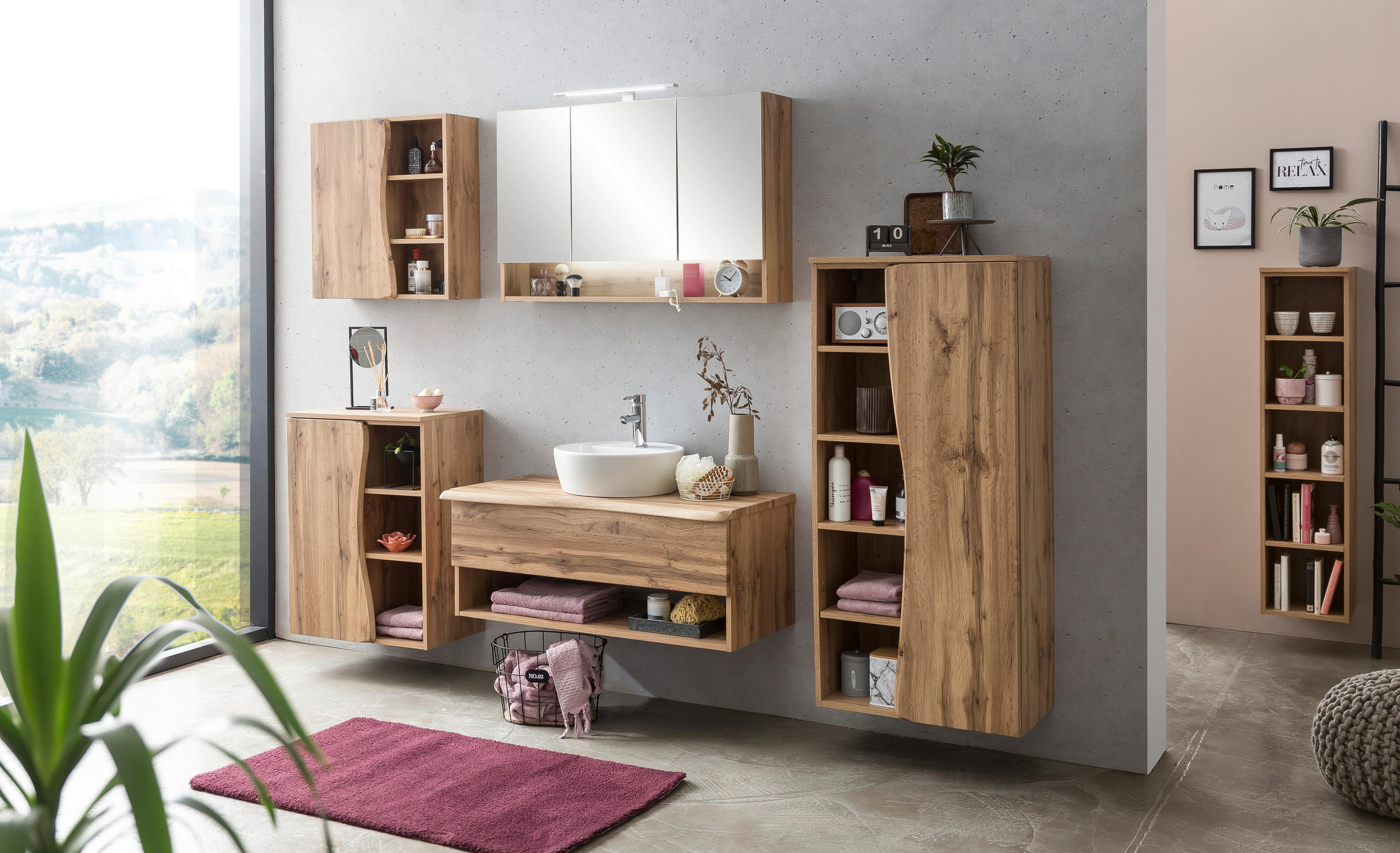 Thumbnail - Xora Waschtischkombi, Eiche Wotan, Holzwerkstoff, 101 cm, Made in Germany, hängend, Badezimmer, Waschbecken & Armaturen,...