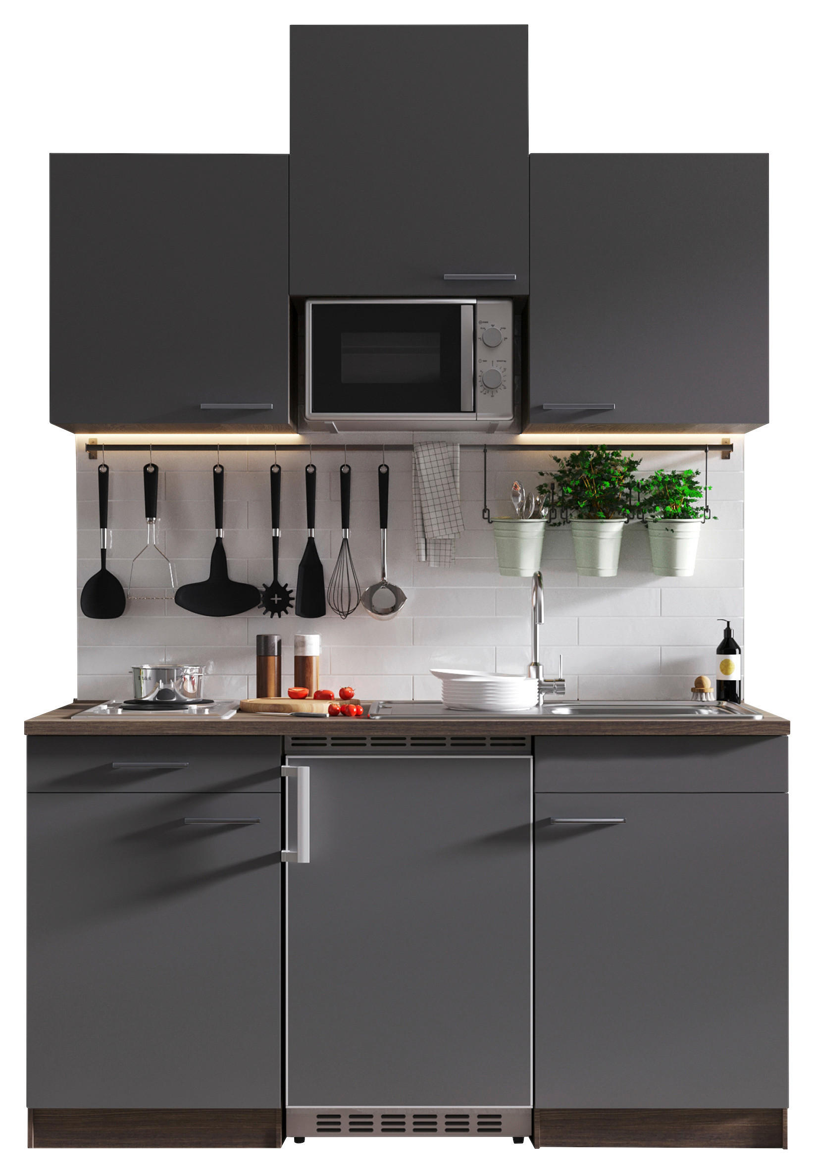MINIKÜCHE 150 cm   in Grau  - Eichefarben/Alufarben, Basics, Holzwerkstoff/Kunststoff (150cm) - Respekta