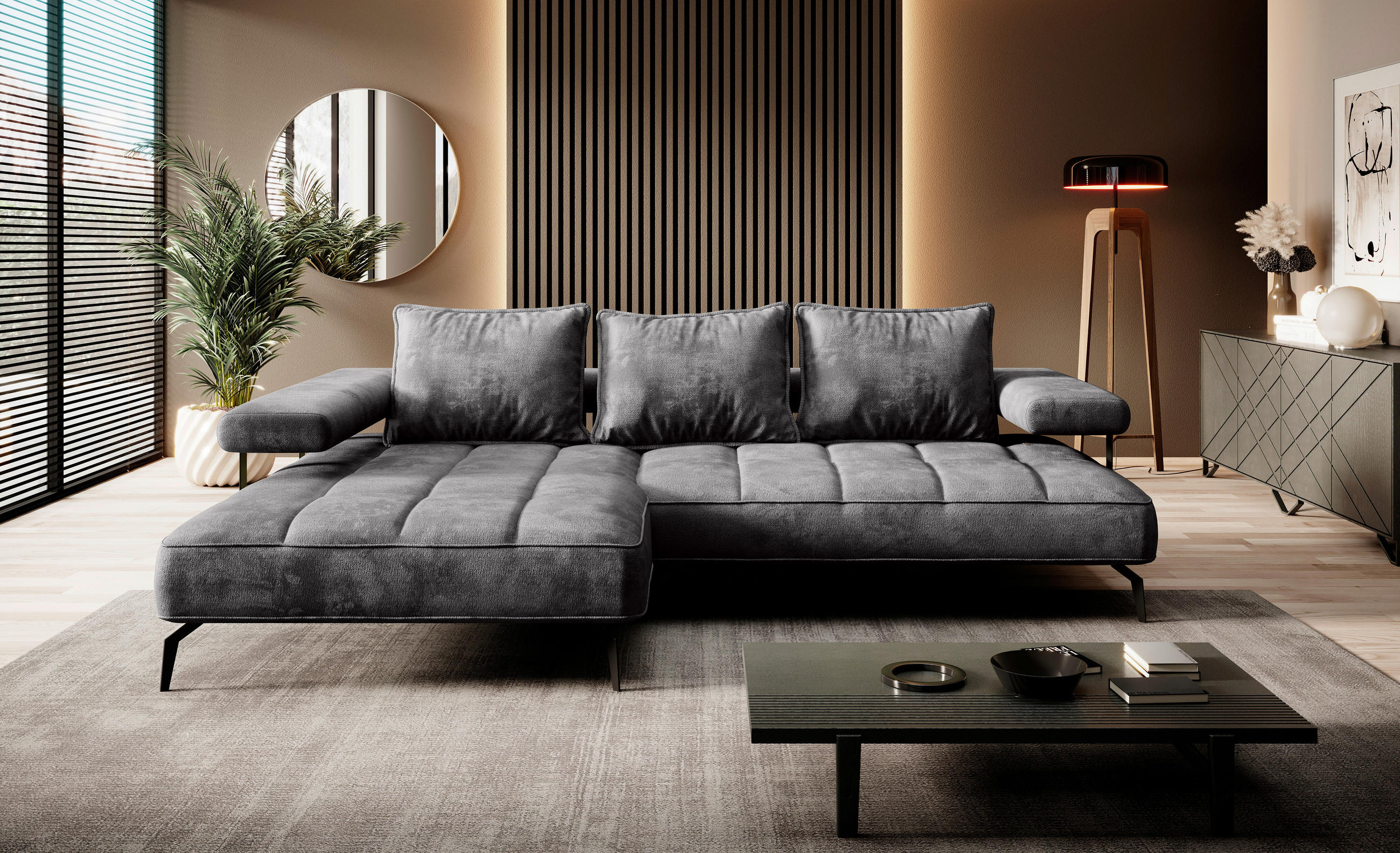 HÖRNSOFFA i vävt tyg mörkgrå  - mörkgrå/svart, Design, metall/textil (180/266cm) - Welnova