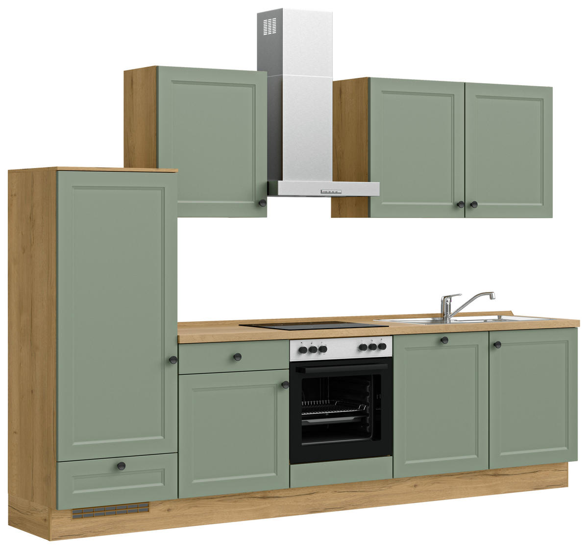 BUCĂTĂRIE FĂRĂ ELECTROCASNICE  - verde/culoare lemn stejar, Modern, metal/material pe bază de lemn (300cm) - Nobilia
