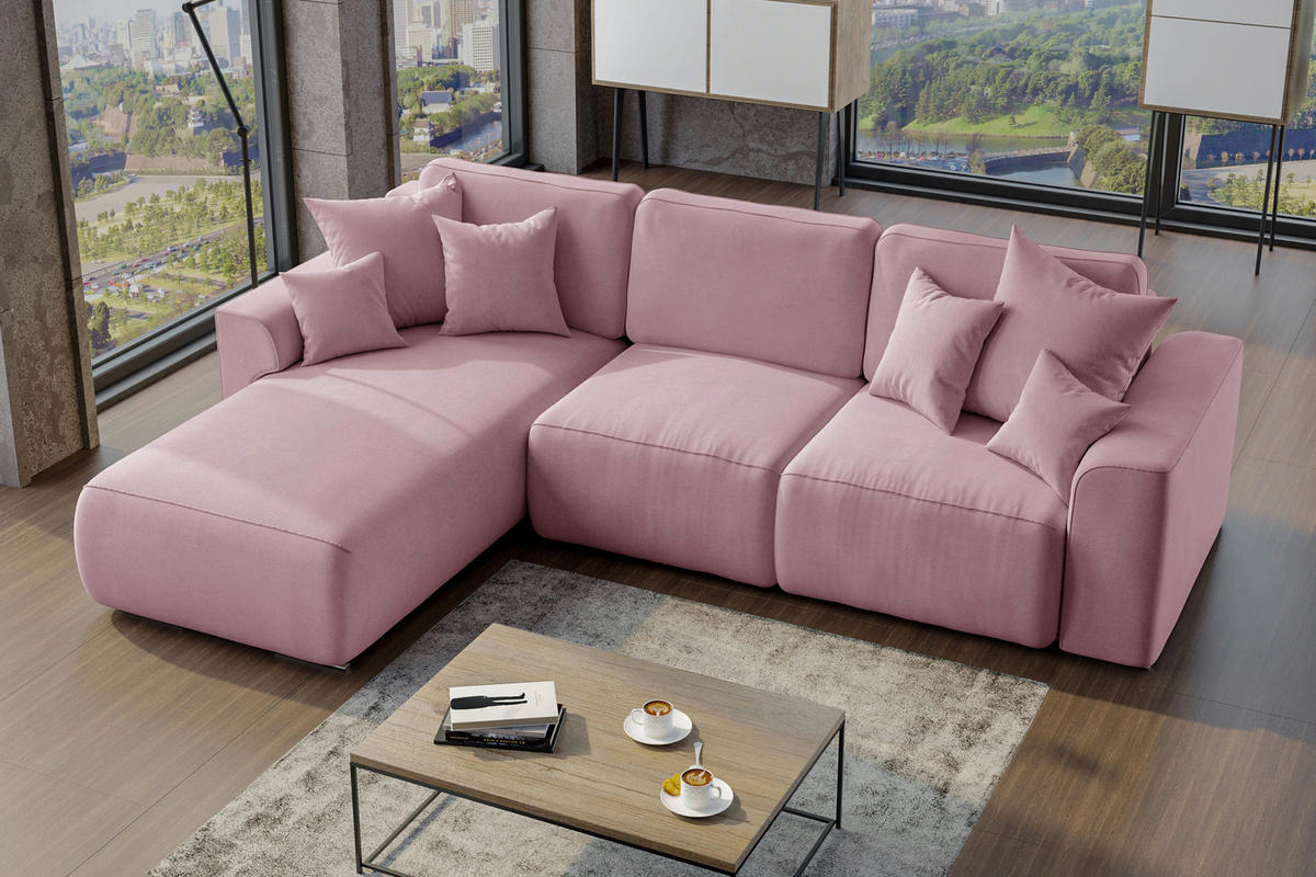 ECKSOFA Rosa Velours Zierkissen, Rückenkissen, Bettkasten, Schlaffunktion, Rücken echt, Liegefläche im Originalstoff  - Chromfarben/Rosa, KONVENTIONELL, Kunststoff/Textil (195/293cm) - Carryhome
