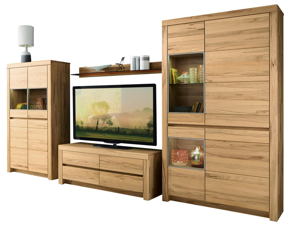 WOHNWAND Lugano  in Buchefarben  376,9/200,8/51,7/42,1 cm  - Buchefarben, Design, Glas/Holz (376,9/200,8/51,7/42,1cm) - Valdera
