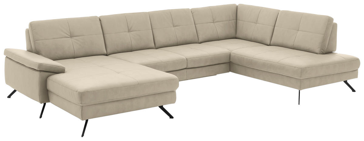 WOHNLANDSCHAFT in Lederlook, Mikrofaser Beige  - Beige/Schwarz, Design, Textil/Metall (179/343/220cm) - Beldomo System