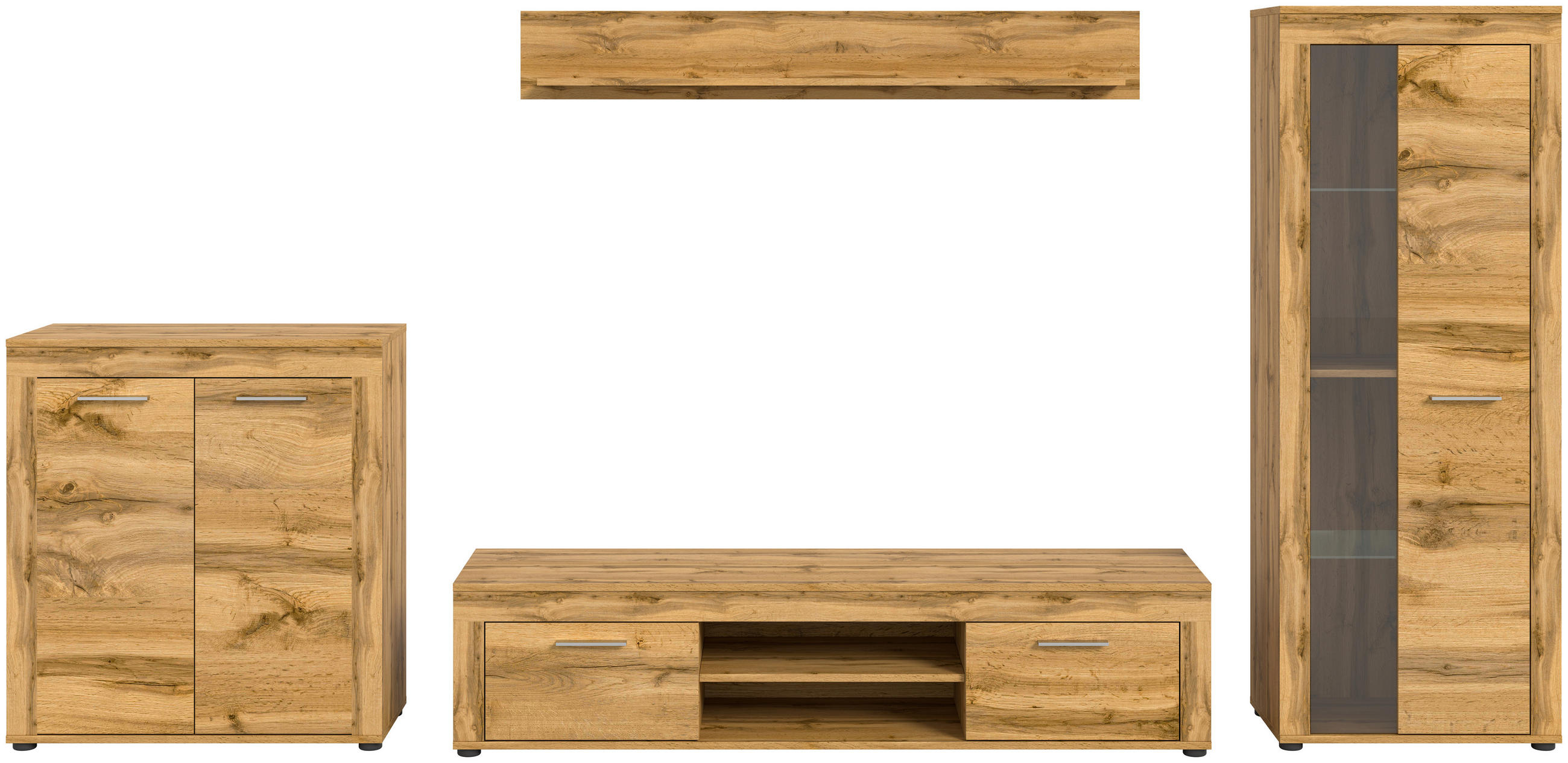 WOHNWAND 4-teilig  in Eiche Wotan  330/159/35 cm  - Eiche Wotan/Silberfarben, Design, Glas/Holzwerkstoff (330/159/35cm) - MID.YOU