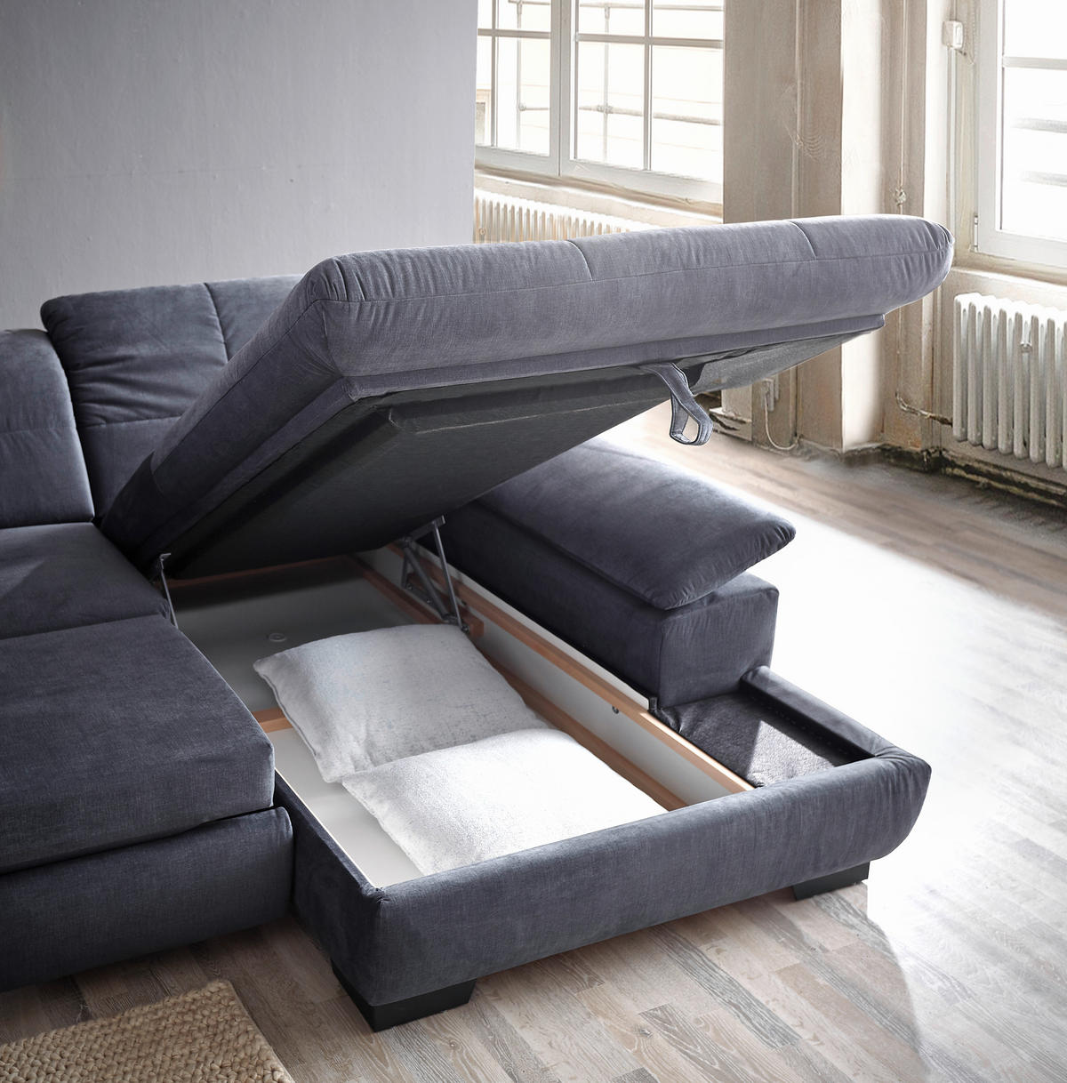 ECKSOFA, velur siva  - črna/siva, Design, tekstil (297/204cm) - Xora