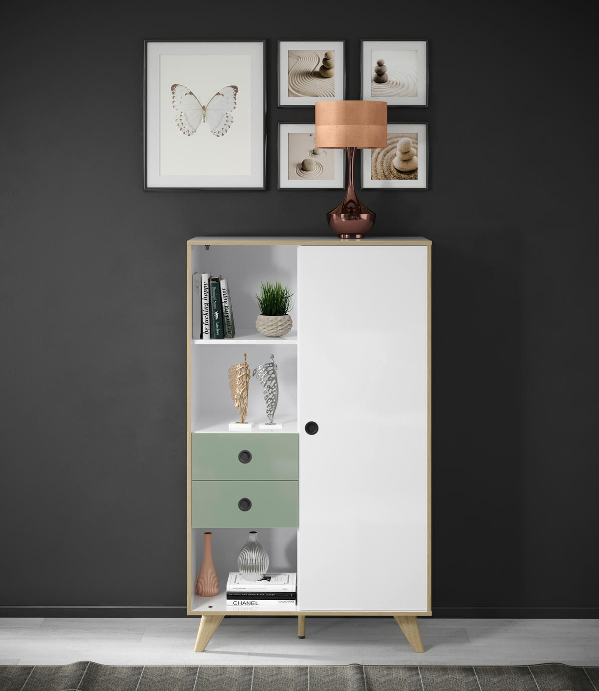 HIGHBOARD Grün, Eichefarben, Weiß Hochglanz  90/153/40 cm  - Eichefarben/Weiß Hochglanz, MODERN, Holzwerkstoff/Kunststoff (90/153/40cm) - Boxxx