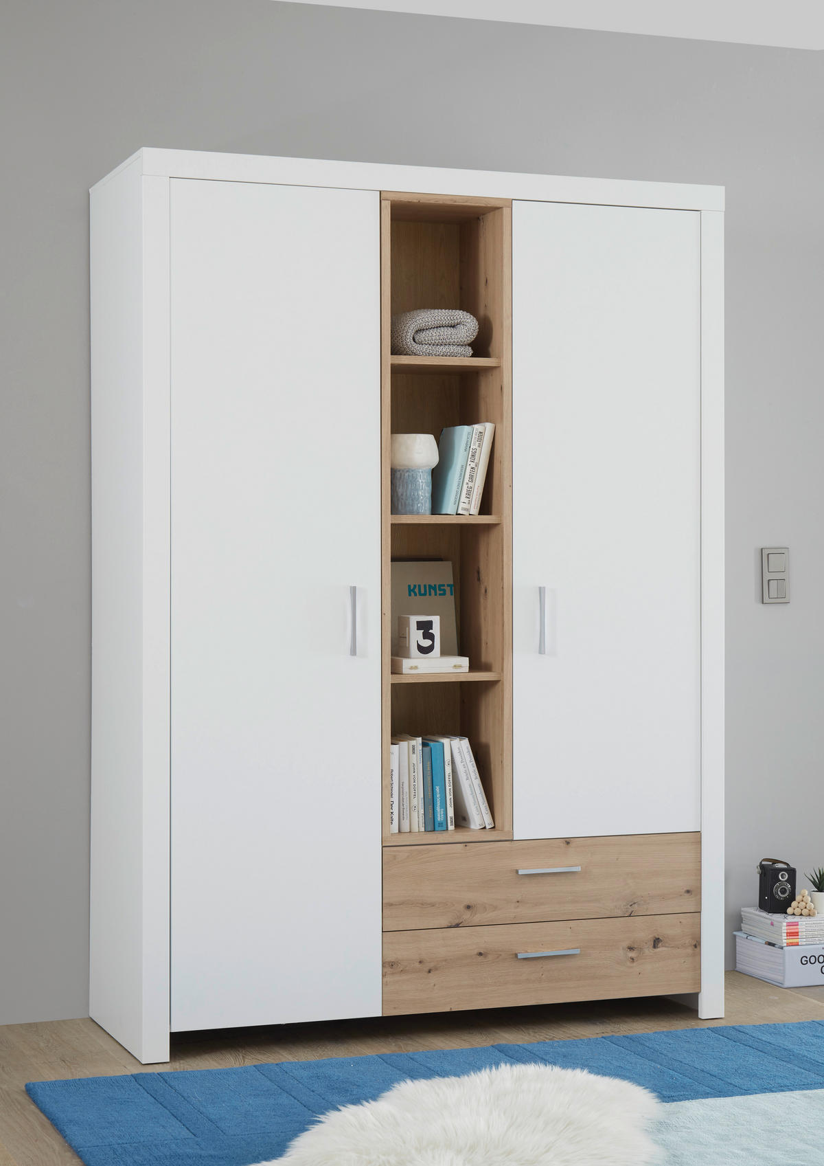 DREHTÜRENSCHRANK  in Weiß, Eiche Artisan  - Silberfarben/Weiß, Design, Holzwerkstoff/Metall (143/200/55cm) - Xora