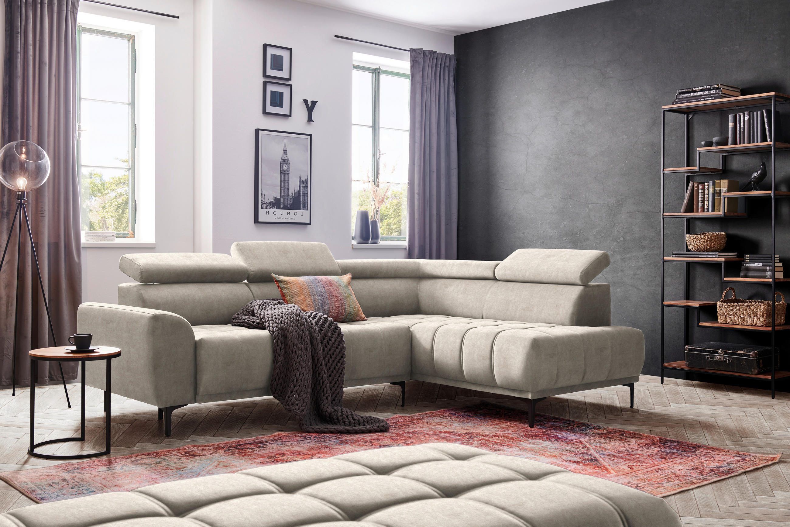 ECKSOFA Beige Velours  - Beige/Schwarz, Design, Textil/Metall (261/191cm) - Stylife