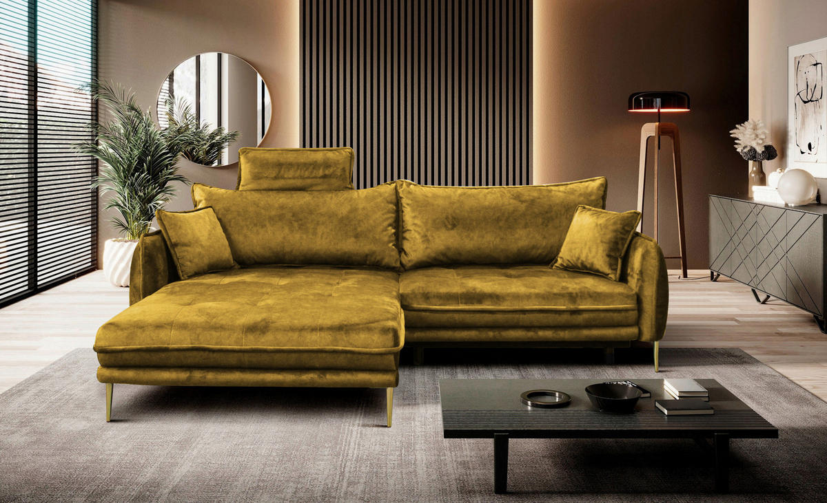ECKSOFA in Velours Senfgelb  196/264 cm  - Goldfarben/Senfgelb, Design, Textil/Metall (196/264cm) - MID.YOU