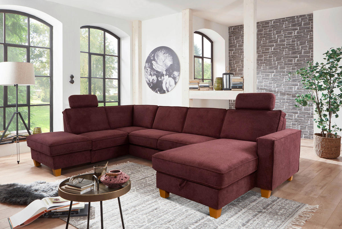 WOHNLANDSCHAFT in Flachgewebe Dunkelrot  - Eichefarben/Dunkelrot, Konventionell, Holz/Textil (213/309/161cm) - Sit & More