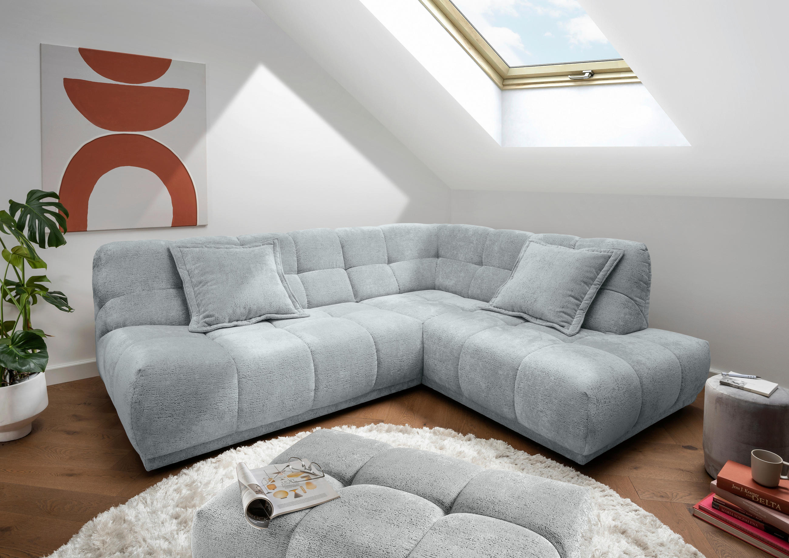 ECKSOFA ITALIA in Chenille Hellblau  254/203 cm  - Schwarz/Hellblau, MODERN, Kunststoff/Textil (254/203cm) - Livetastic