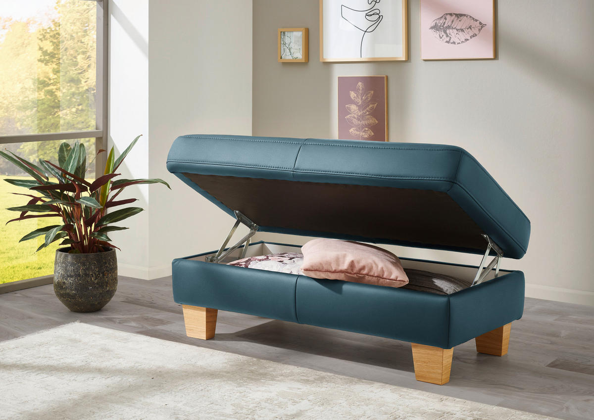 ECKSOFA in Echtleder Blau  - Blau/Eiche Bianco, Konventionell, Leder/Holz (235/257cm) - Valdera