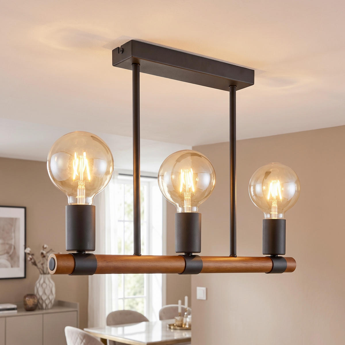 DECKENLEUCHTE 49/6/35 cm   - Schwarz/Braun, Basics, Holz/Metall (49/6/35cm) - Globo